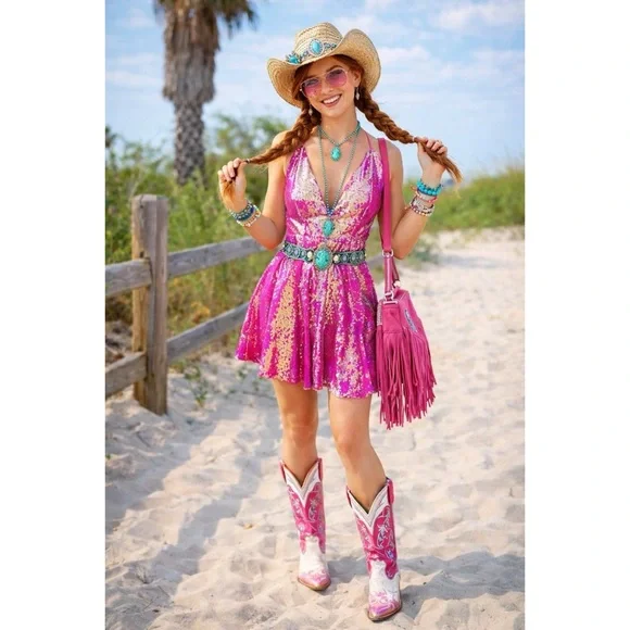 SOUTHERN FRIED CHICS Hot Pink Sequins Mini Dress - Picture 1 of 9